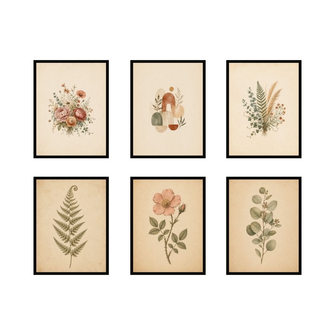 Vintage Floral Botanical Prints, Boho Watercolor Gallery Wall Set